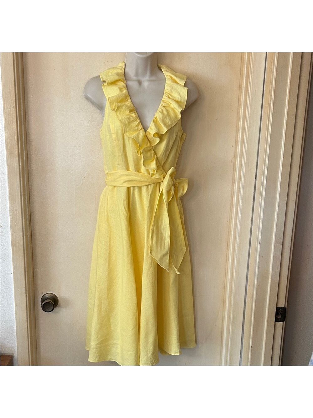 American Living Yellow Ruffle Linen Midi Dress size 2